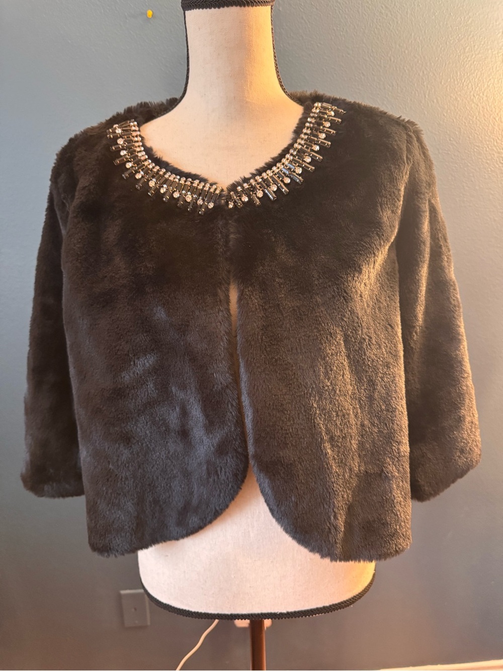 Haani Black Faux Fur Beaded Neck Cropped Jacket